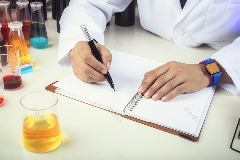 烧杯烧瓶戴着手表实验室研究人员做记录,高清,摄影图,摄影图片,图片大全,摄影图免费下载
